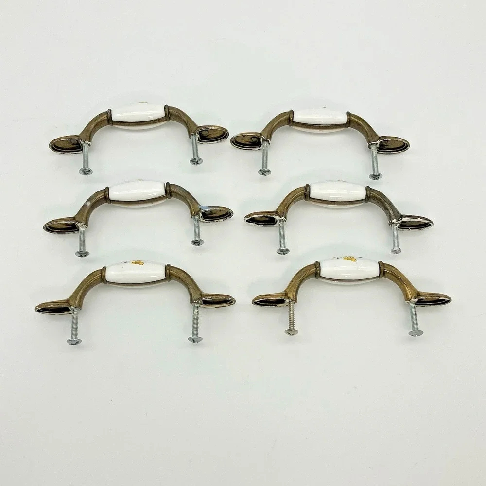 Vtg. 6 Floral Ceramic Drawer Pulls Brass Hardware 3 Inch Center Cottagecore Farm